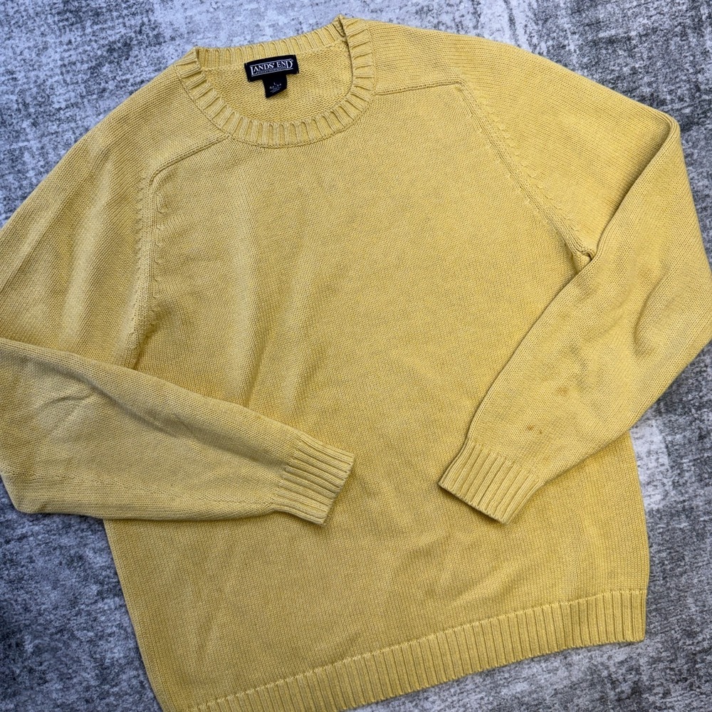 VTG Lands‎ End Sweater Mens Large Tall Yellow Chunky Cotton Crewneck Fisherman